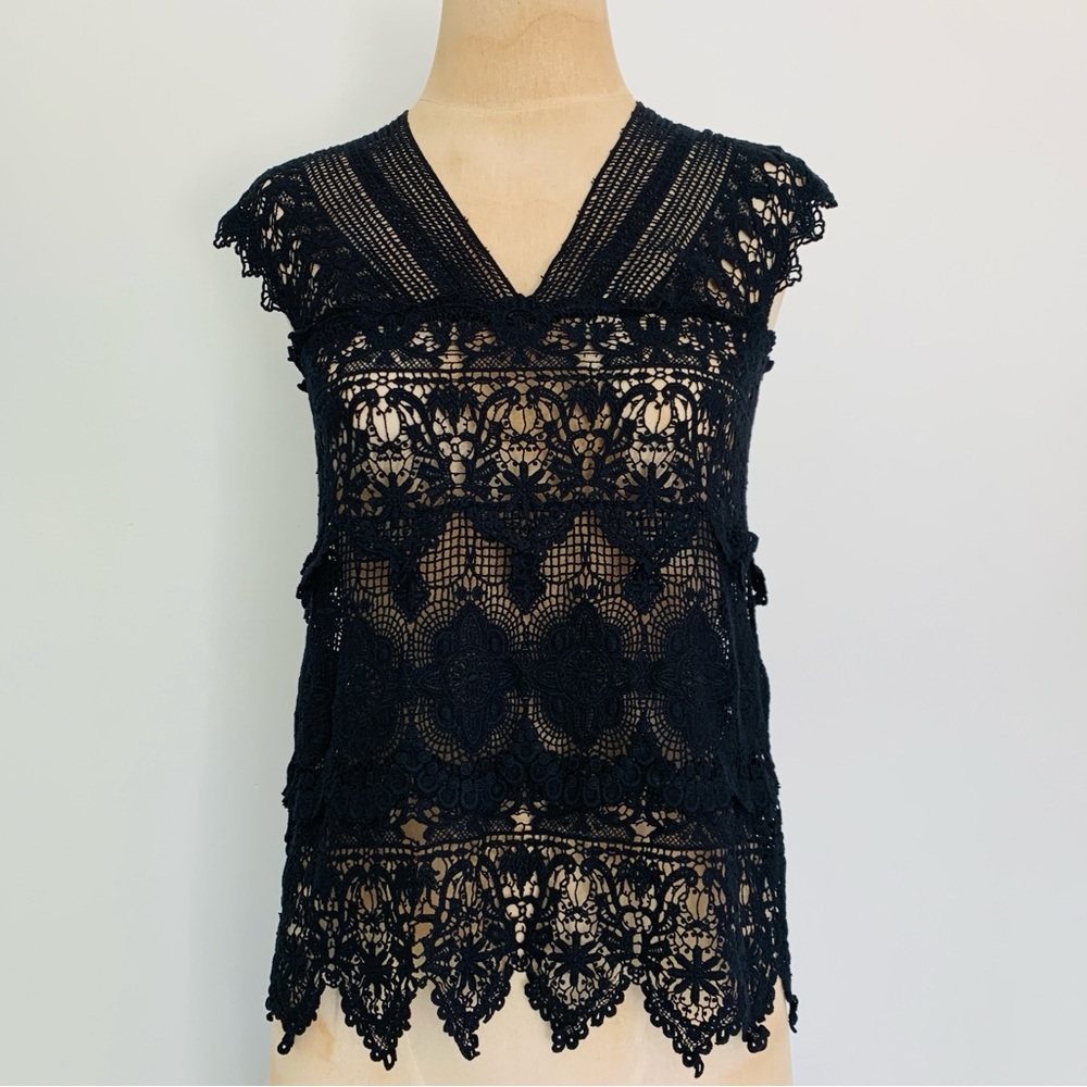 Johnny Was Tiered Crochet Lace V Neck Sleeveless Top Romantic Bohemian Chic